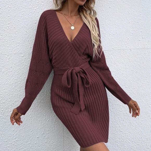 Cozy Burgundy  Cut out Back Belted Sweater Dress Minimalist - Picture 9 of 15